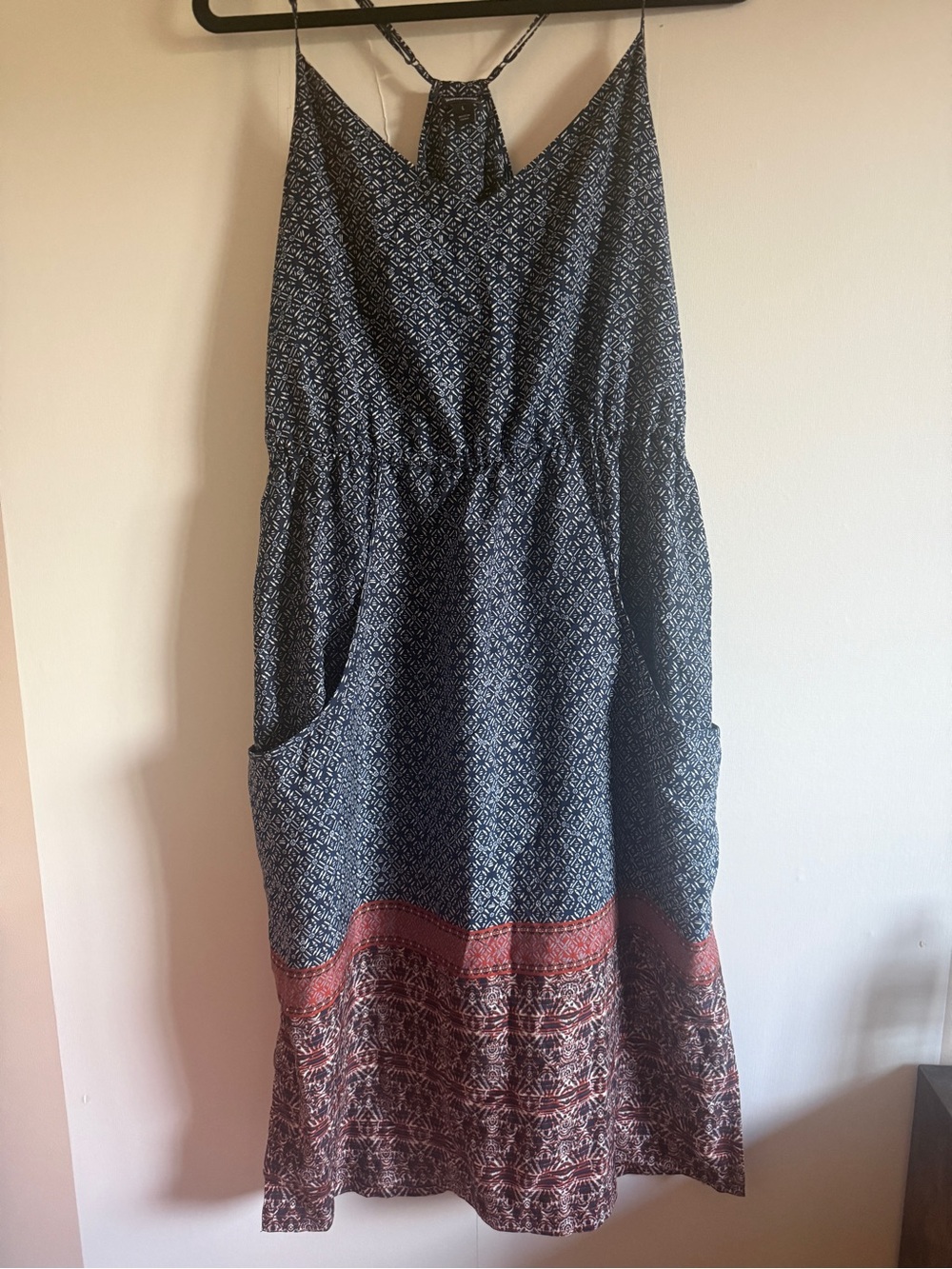 Patagonia Tencel Maxi Dress Large Navy Geometric Print Racerback Pockets